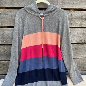 Charter Club Lightweight Hooded Sweater - Gray w horizontal colors - Size XL